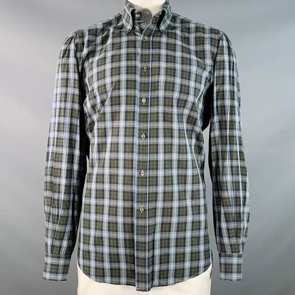 LUCIANO BARBERA Size 44 Blue Olive Plaid Cotton One Pocket Long Sleeve Shirt